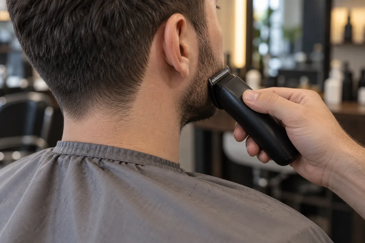 Tondeuse qui suit la ligne de joue d’une barbe clairsemée, homme vu de trois quarts arrière