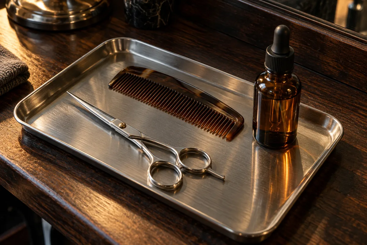 Ciseaux à barbe, peigne en corne et flacon d’huile ambré sur un plateau en inox