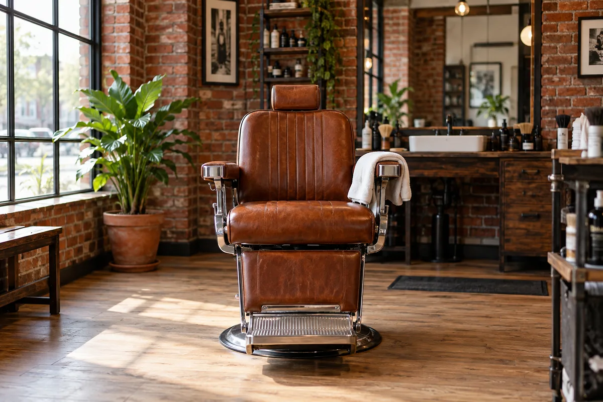 Fauteuil de barbier en cuir vide contre un mur de briques, serviette pliée sur l’accoudoir