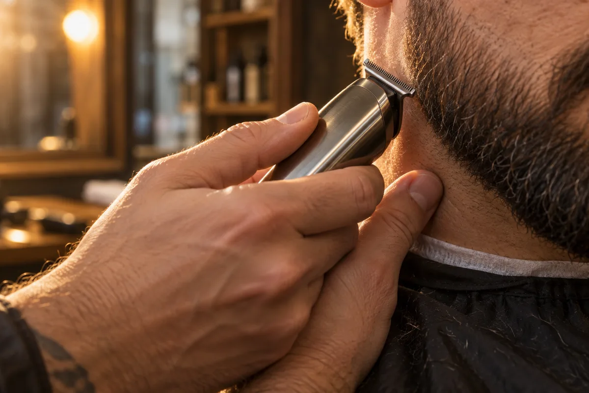 Mains d&rsquo;un barbier dessinant la ligne de la joue à la tondeuse de finition