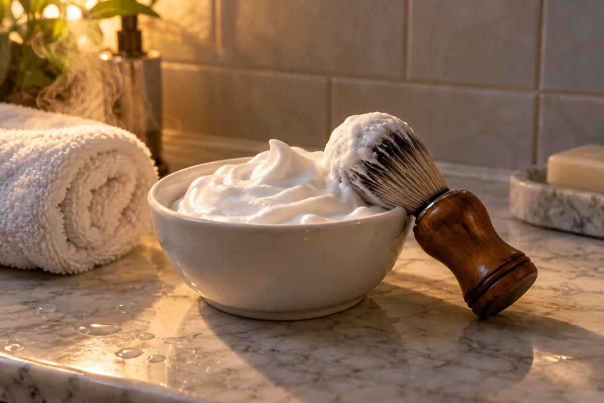 Blaireau, bol de mousse et serviette chaude pliée sur un plan de travail de salon