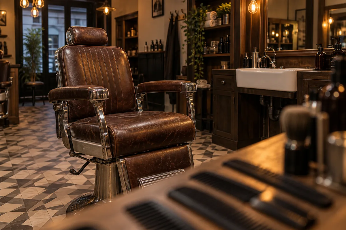 Fauteuil de barbier en cuir et rangée de peignes dans un salon à la lumière chaude