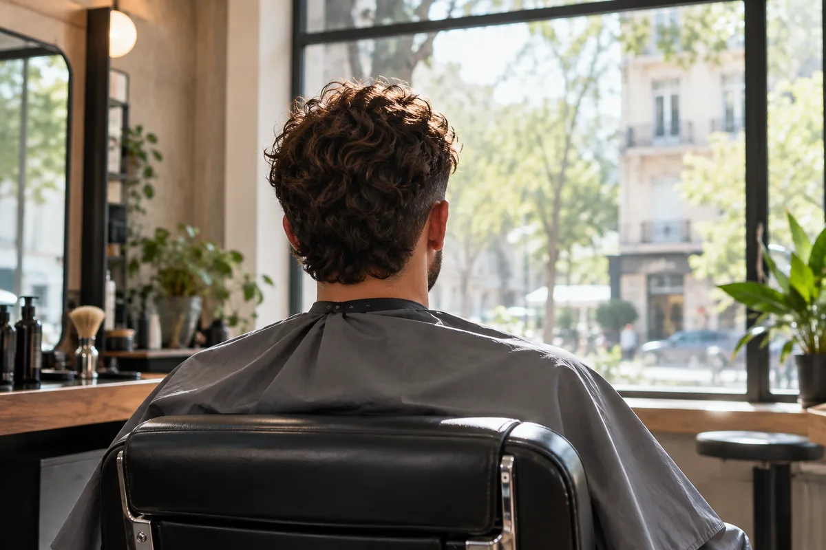 Coupe mulet bouclée vue de dos, homme assis face à la fenêtre d’un salon de barbier