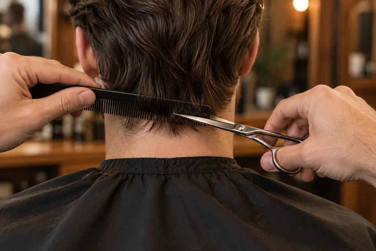 Mains d’un barbier qui égalisent aux ciseaux la nuque d’une coupe mulet
