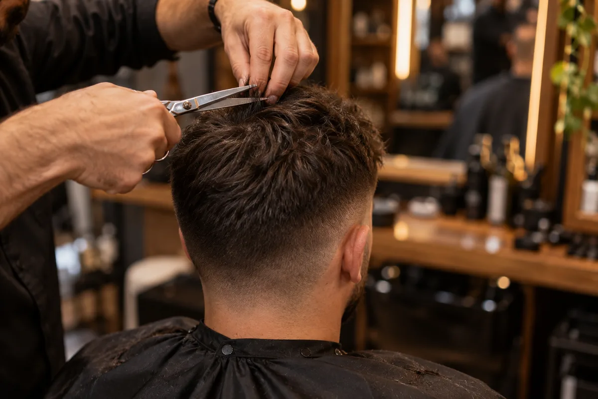 Peigne et ciseaux relevant une mèche du dessus devant un miroir de salon