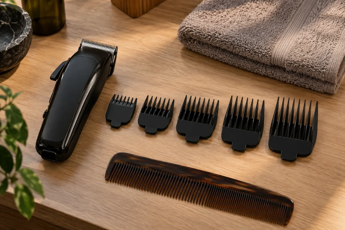 Tondeuse et jeu de sabots alignés sur une tablette de barbier