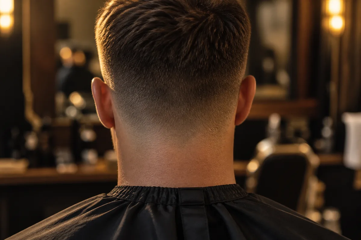 Nuque dégradée vue de dos dans la lumière chaude d’un salon