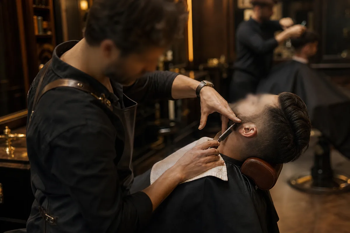 Un barbier taille une barbe au rasoir pendant qu’un coiffeur travaille en arrière-plan