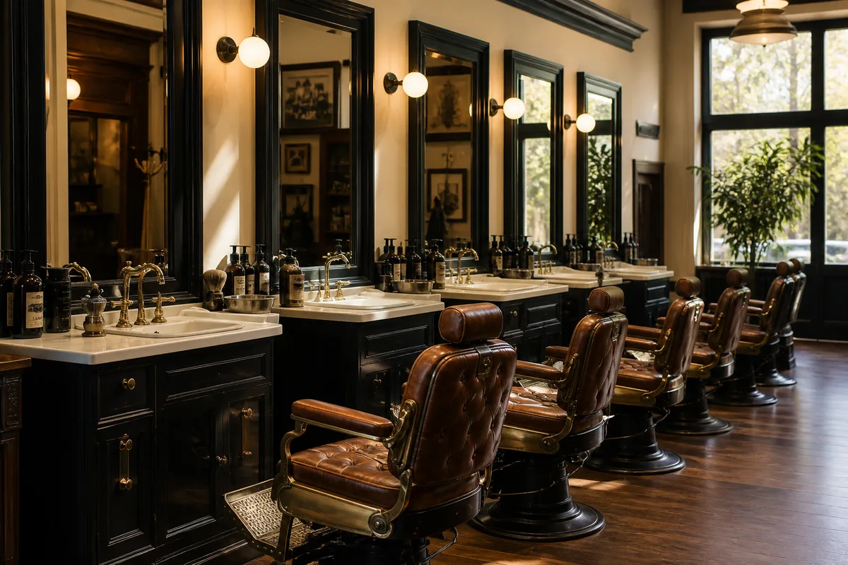 Intérieur lumineux d’un salon de coiffure avec miroirs et fauteuils alignés
