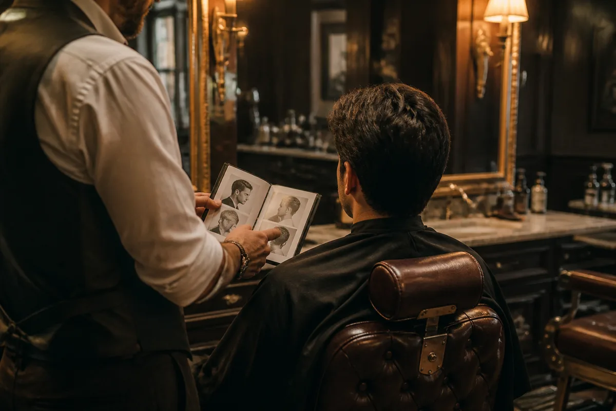 Un professionnel discute de la coupe souhaitée avec un client assis au fauteuil