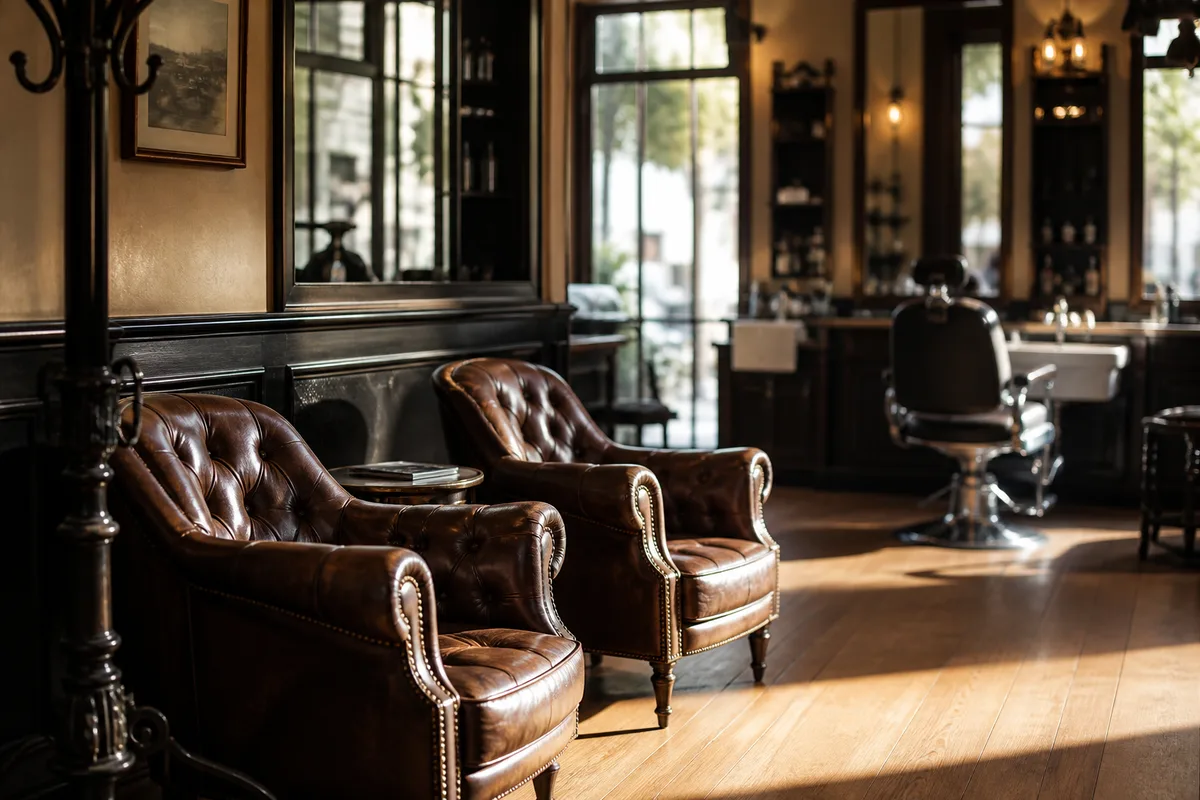 Salle d’attente d’un salon de coiffure avec fauteuils libres en fin de matinée