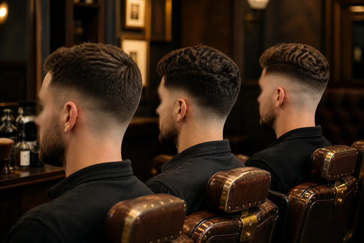 Vue de profil montrant trois hauteurs de dégradé sur une coupe masculine