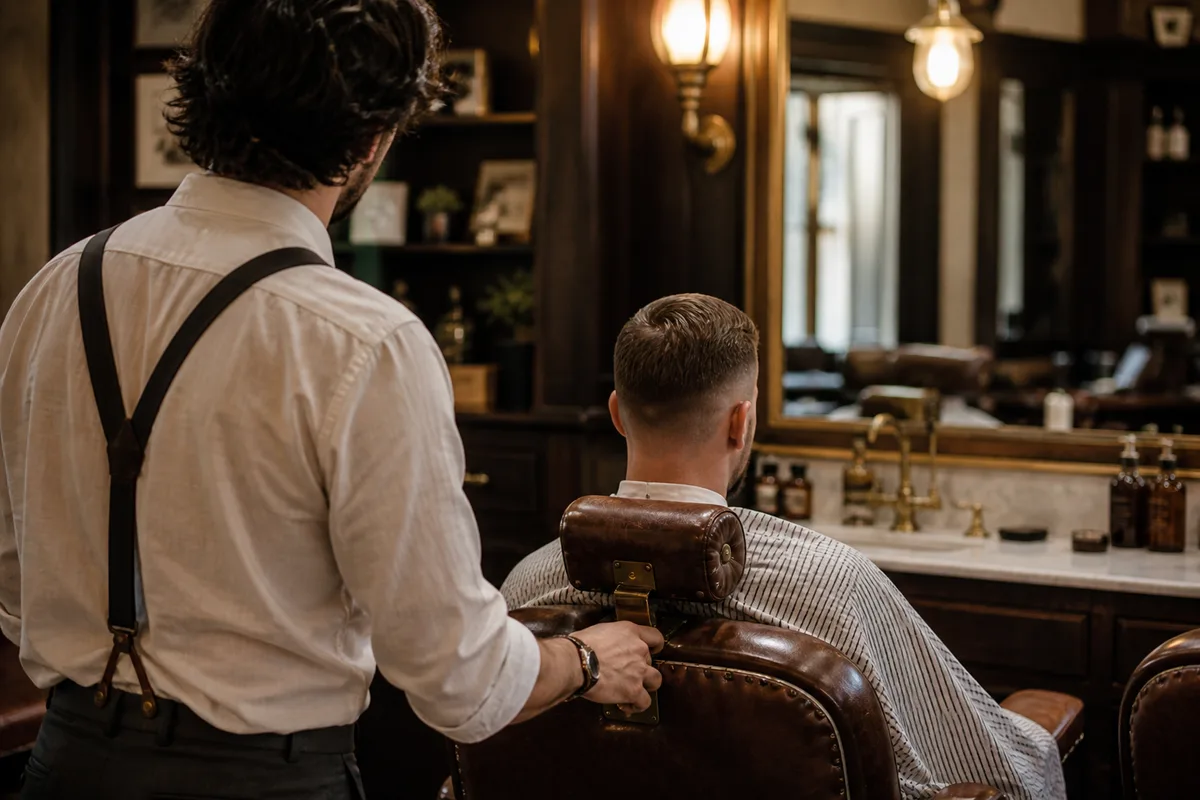 Un barbier vérifie la symétrie d’un dégradé en reculant du fauteuil