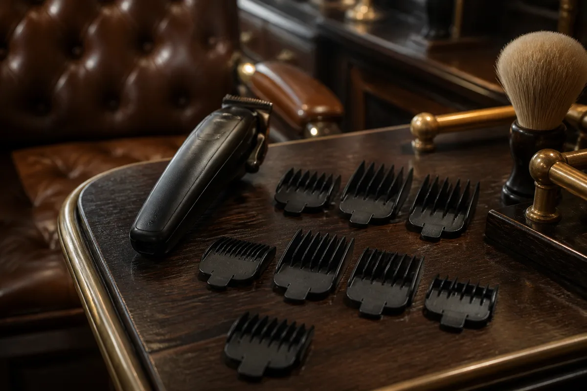 Tondeuse professionnelle et jeu de sabots posés sur une tablette de barbier