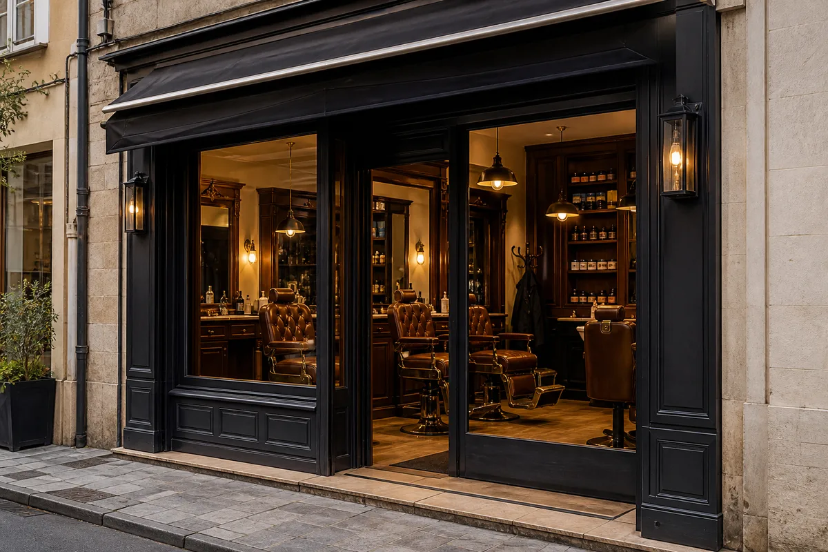 Devanture d&rsquo;un barbershop dans une rue commerçante de Bourg-en-Bresse