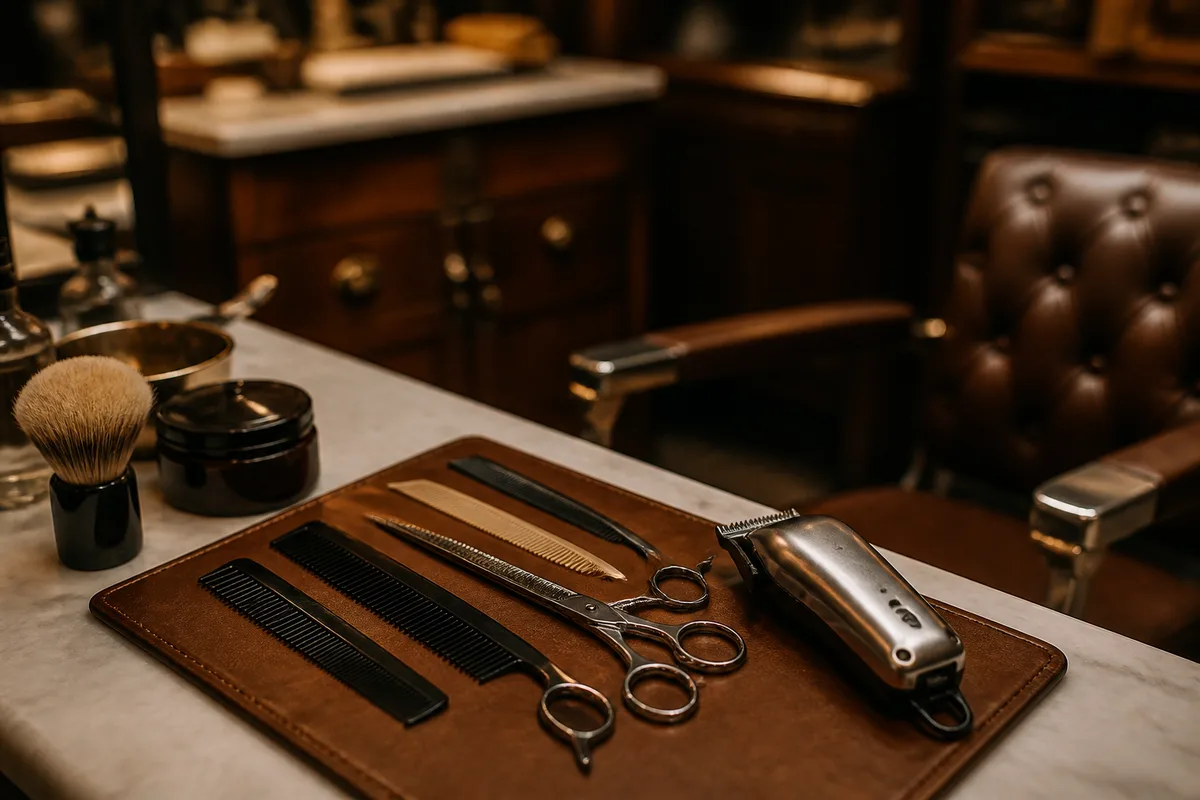Ciseaux, peignes et tondeuse posés sur le plan de travail d&rsquo;un barbier